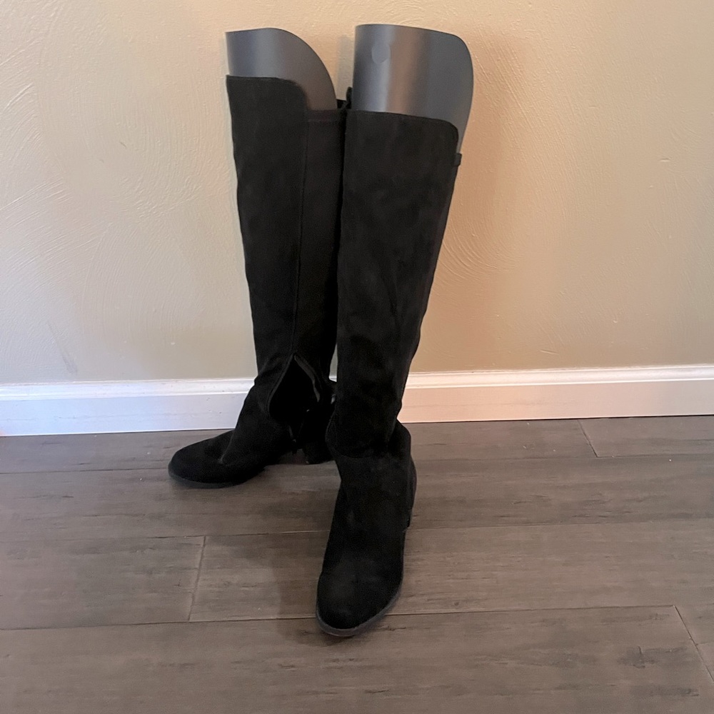 Wide calf over the knee black suede boots